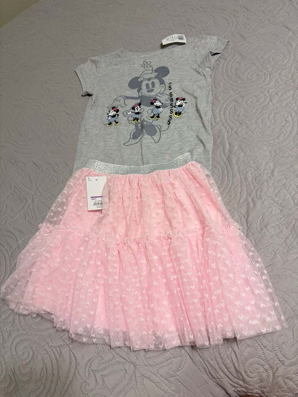 NWT Disney Minnie Mouse Girls Outfit Gray Tee Small Pink Bow Tulle Skirt Size 7